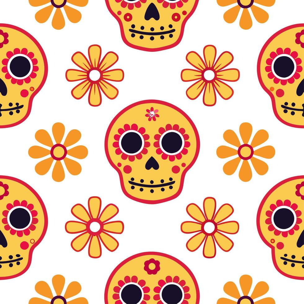 Mexican Day of the Dead skulls and marigolds seamless tile pattern with bright colors and intricate details for festive decor concept as Brightly colored skulls and intricate marig Clean Set 2 vector