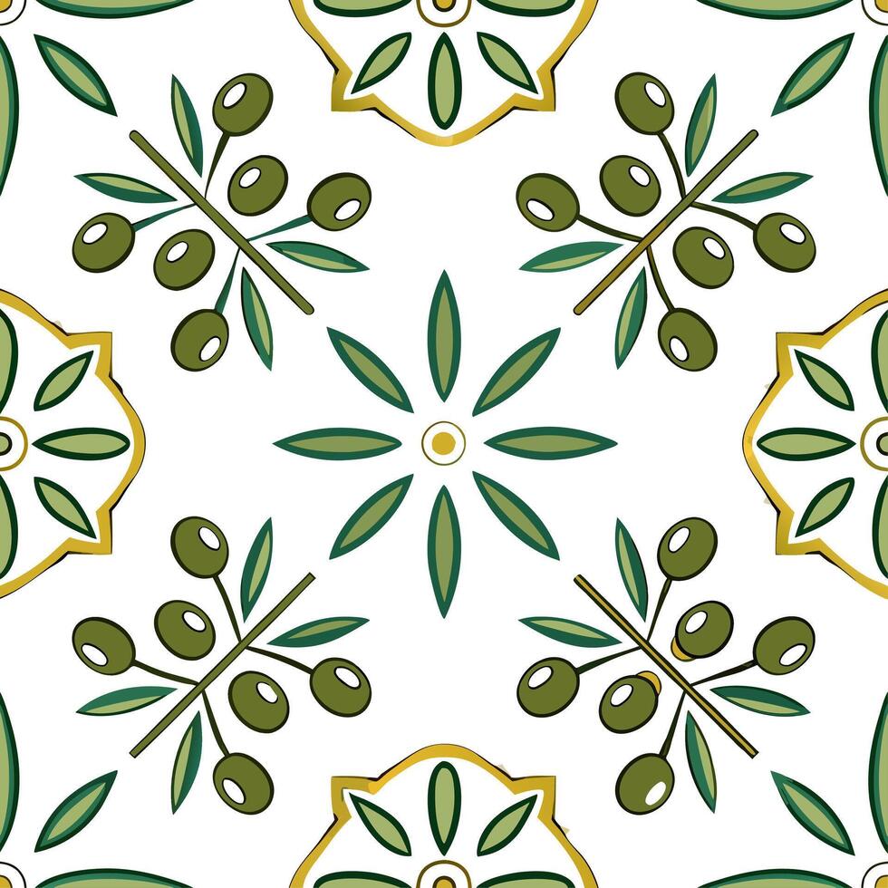 Mediterranean tiles and olives seamless tile pattern with earthy greens and traditional designs for coastal decor concept as Earthy green olives and traditional Mediterranean tile Clean Set 2 vector