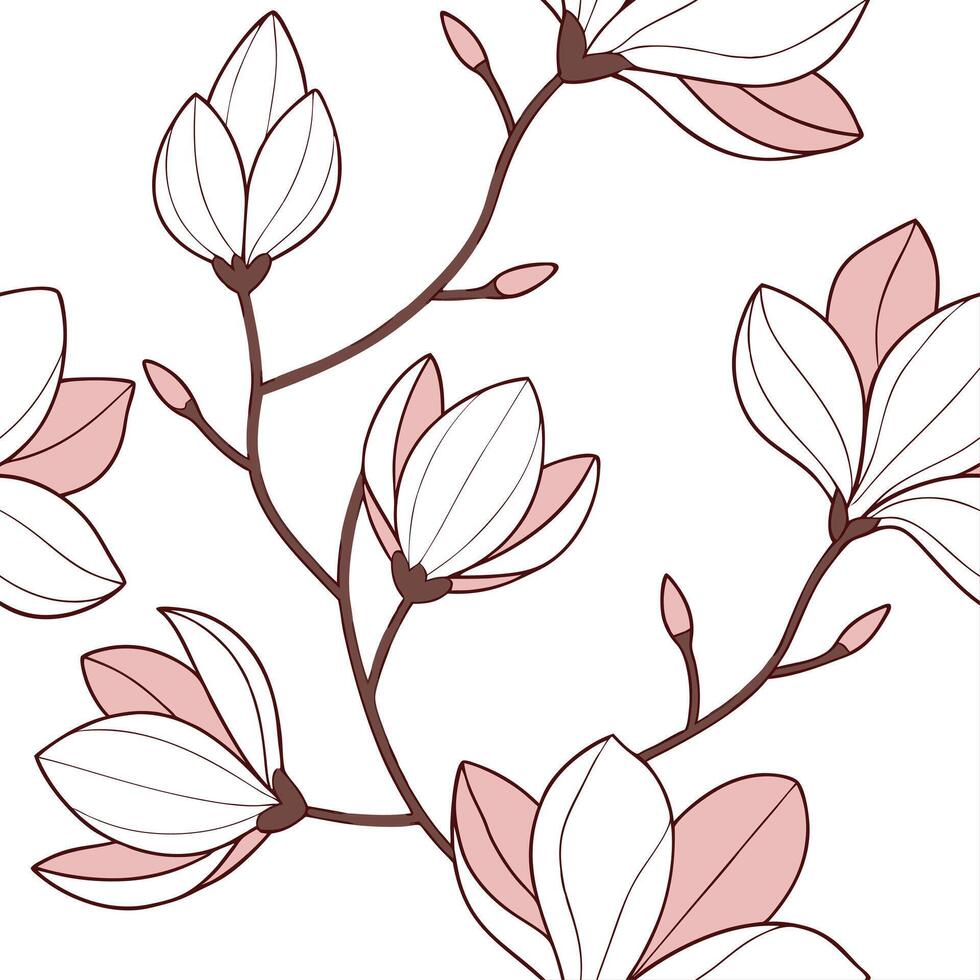 Lush magnolia flower seamless tile pattern with soft pink hues and gentle delicate petals concept as Delicate magnolia flowers with soft pink hues create a seamless spring pattern Clean vector