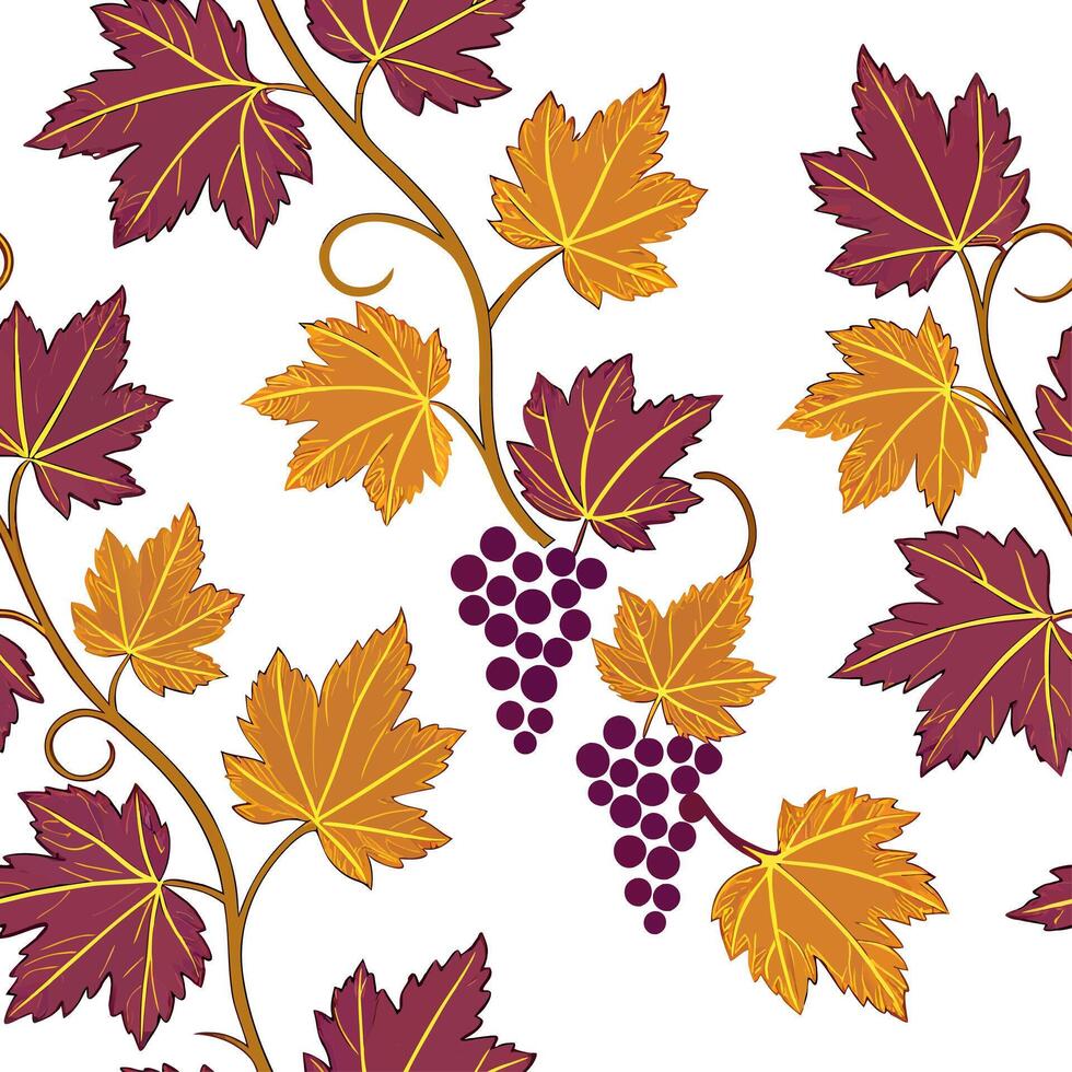 Lush autumn vineyard seamless tile pattern with grapevines leaves and rich colors concept as Grape vines and lush autumn leaves in rich colors create a vineyard themed seamless til Clean vector