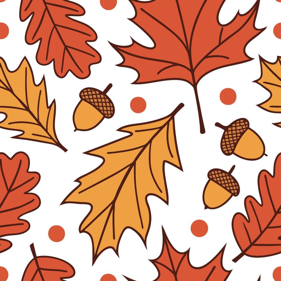 Lively autumn leaves and acorns seamless tile pattern with rich warm colors concept as Rich warm colored autumn leaves and acorns create a lively seamless tile pattern perfect for Clean vector