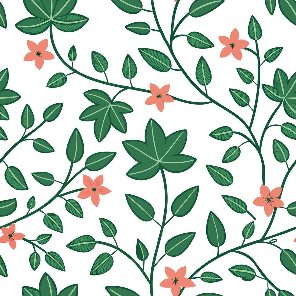 Lively spring floral greenery seamless tile pattern with blooming vines ivy and lush green foliage concept as Lush blooming vines ivy and vibrant greenery form a lively and energet Clean vector