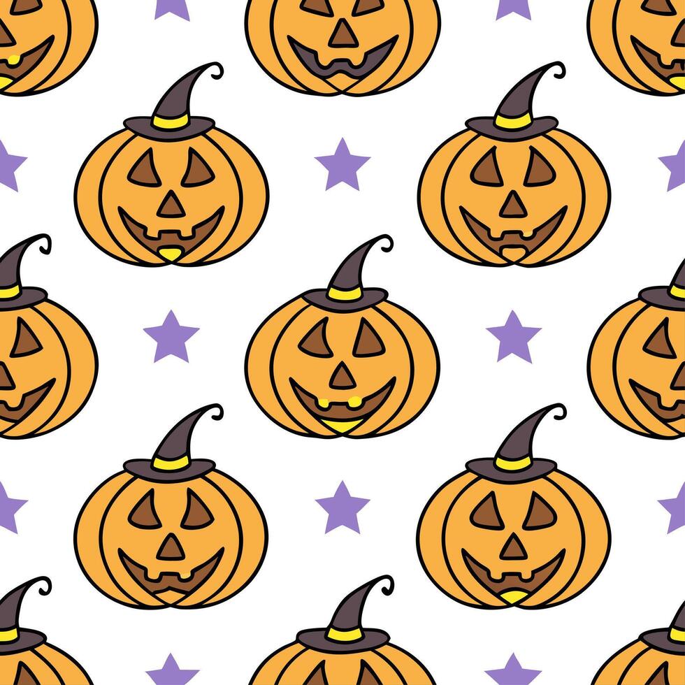 Jack o lanterns and witches seamless tile pattern with vibrant orange and magical elements for enchanting Halloween decor concept as Vibrant orange jack o lanterns and magical witc Clean vector