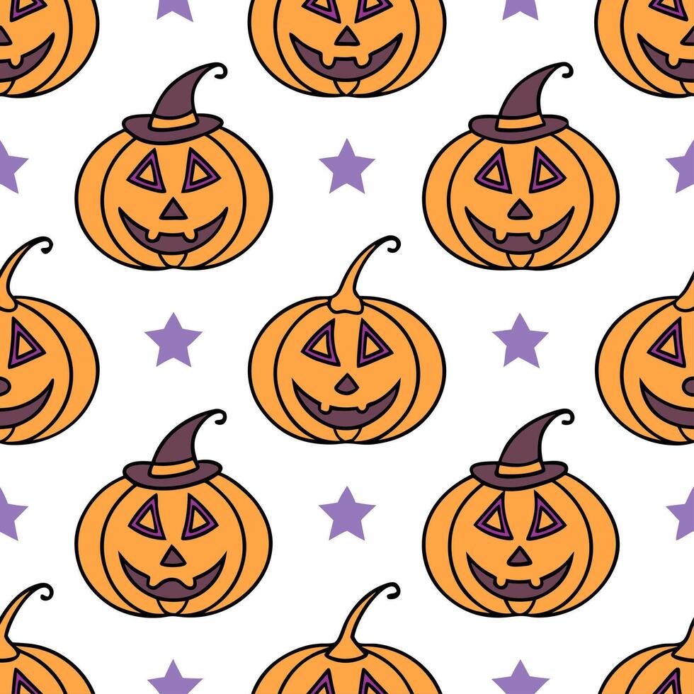 Jack o lanterns and witches seamless tile pattern with vibrant orange and magical elements for enchanting Halloween decor concept as Vibrant orange jack o lanterns and magical witc Clean Set 2 vector