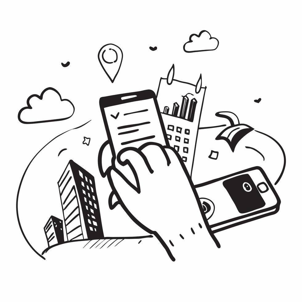 Individual with smartphone notebook and city overlay symbolizing American mobile workday in double exposure with copy space concept as An individual blended with a smartphone note Clean vector