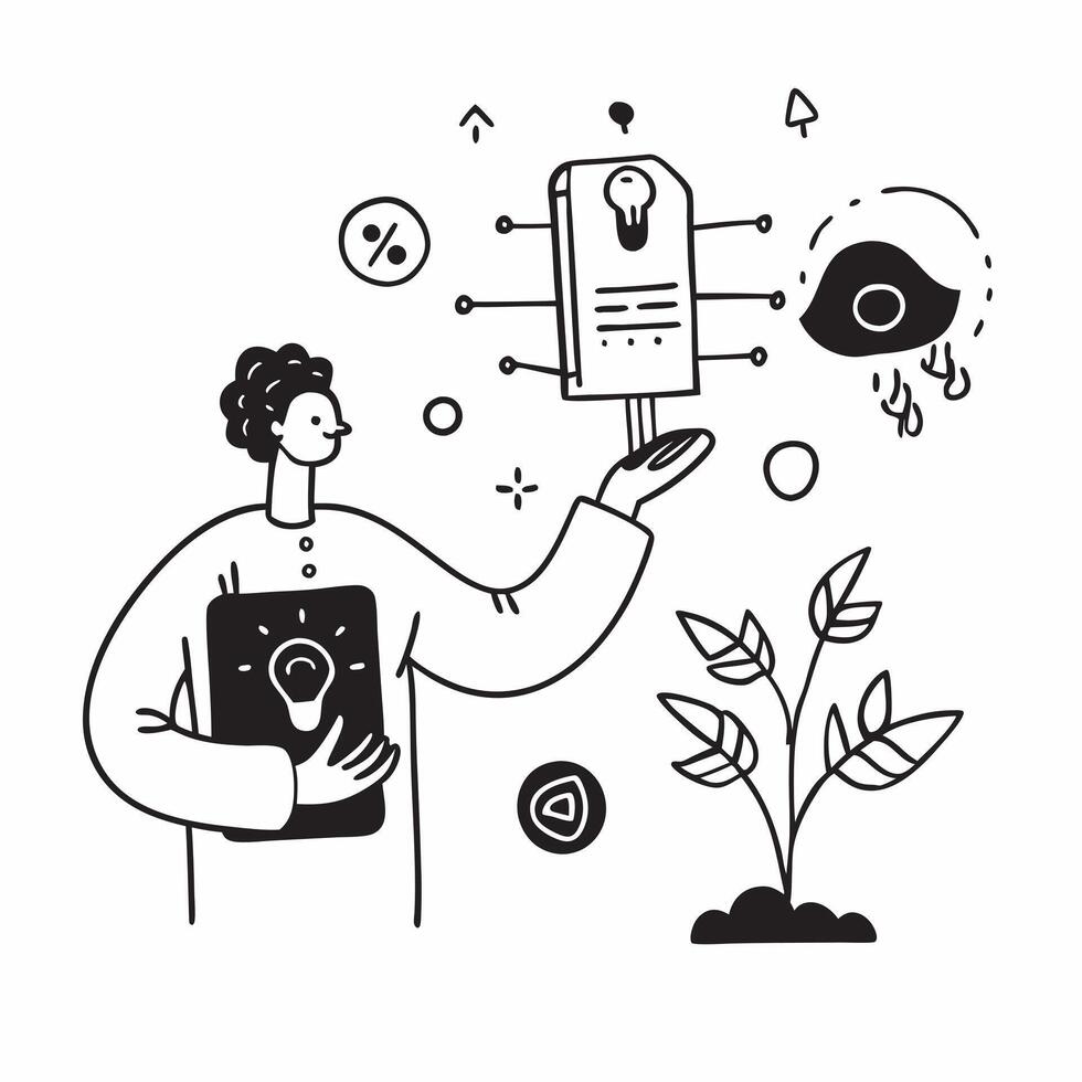Individual with smart garden system and tech overlay symbolizing tech enhanced gardening in double exposure with copy space concept as An individual blended with a smart garden sy Clean vector