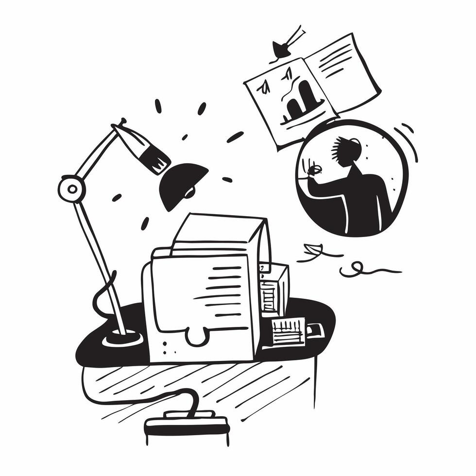 Individual with office chair desk lamp and notebook overlay symbolizing American home office setup in double exposure with copy space concept as An individual blended with an offi Clean vector