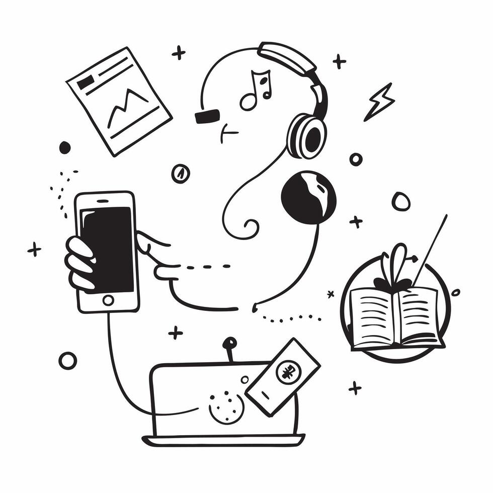 Individual with headphones tablet and coffee cup overlay symbolizing American digital nomad lifestyle in double exposure with copy space concept as An individual blended with head Clean vector