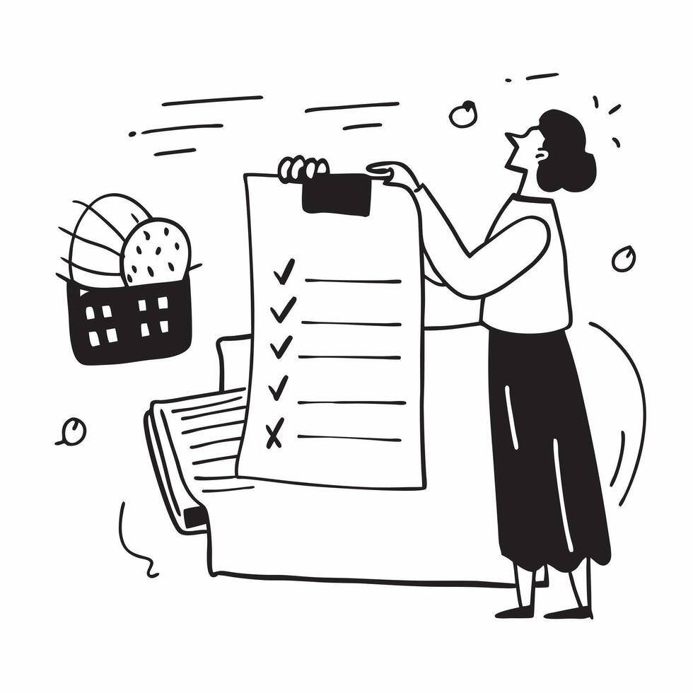 Individual with grocery store shopping list and produce section overlay symbolizing American grocery shopping with copy space concept as An individual blended with a grocery store Clean vector