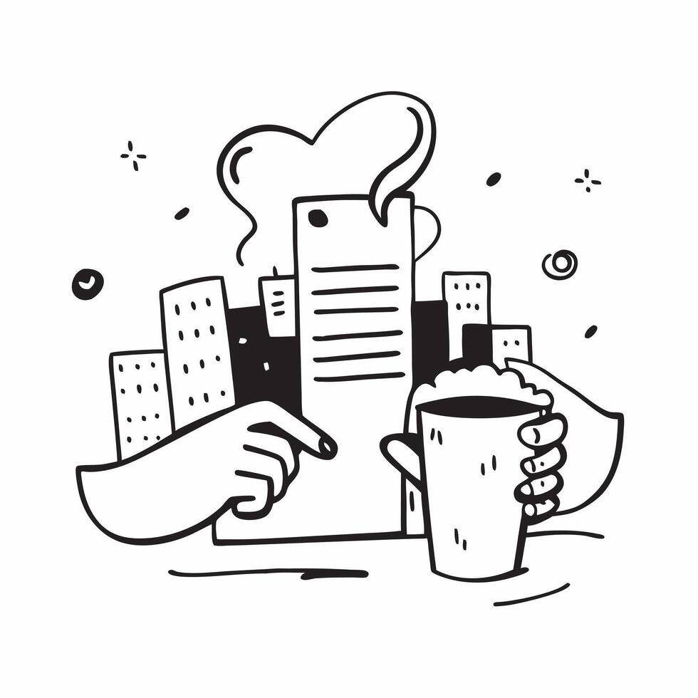 Individual with notebook coffee and city skyline overlay symbolizing American urban workspace in double exposure with copy space concept as An individual blended with a notebook c Clean vector