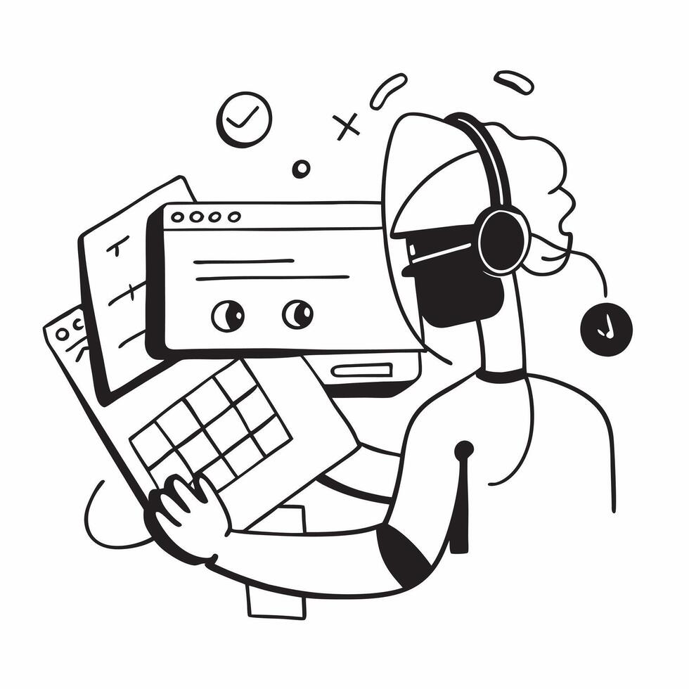 Individual with headset keyboard and monitor overlay symbolizing American tech focused workday in double exposure with copy space concept as An individual blended with a headset k Clean vector