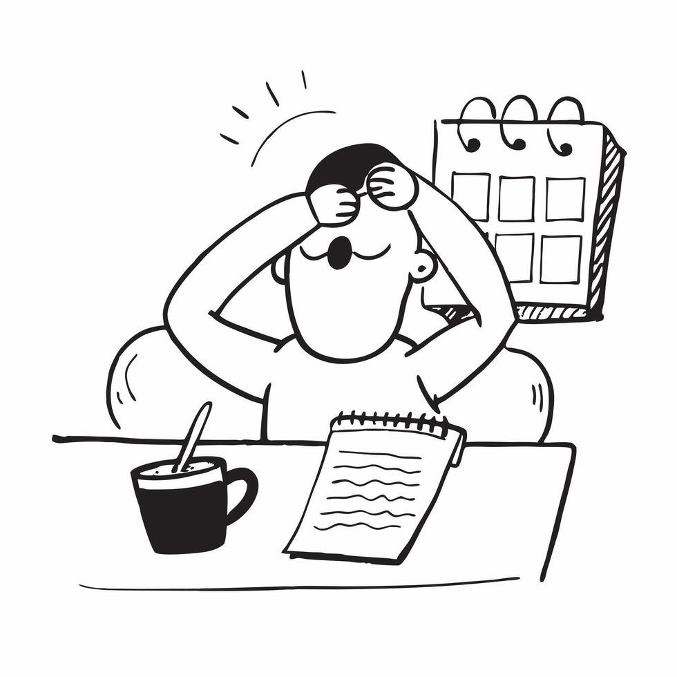 Individual with desk calendar and coffee mug overlay symbolizing American office productivity in double exposure with copy space concept as An individual blended with a desk calen Clean vector