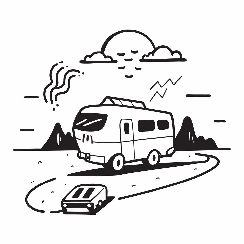 Individual with a van desert highway and road trip playlist overlay symbolizing desert road trip with copy space concept as An individual blended with a van desert highway and roa Clean vector