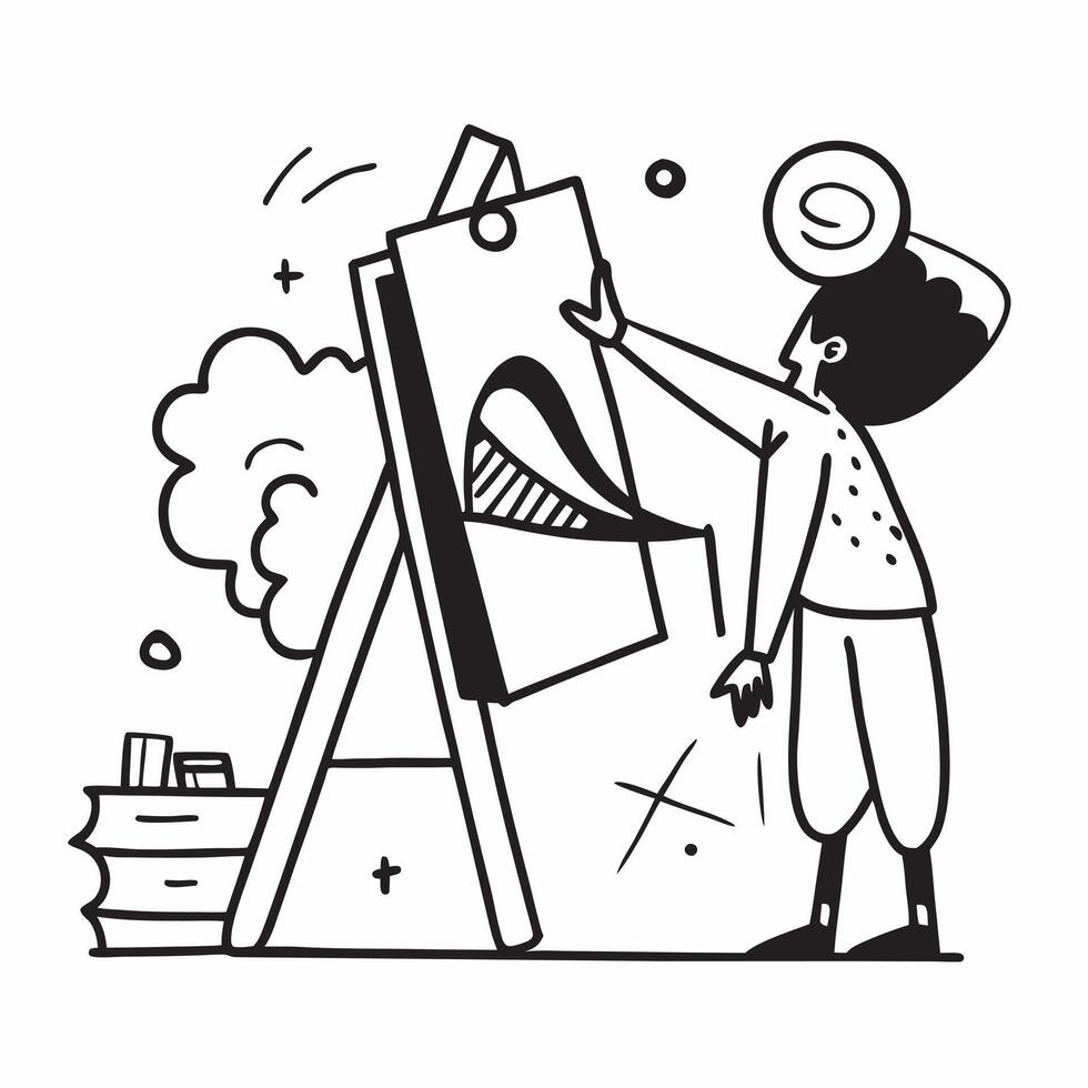 Individual with an art gallery artist palette and easel overlay symbolizing artistic cultural travel with copy space concept as An individual blended with an art gallery artist pa Clean vector