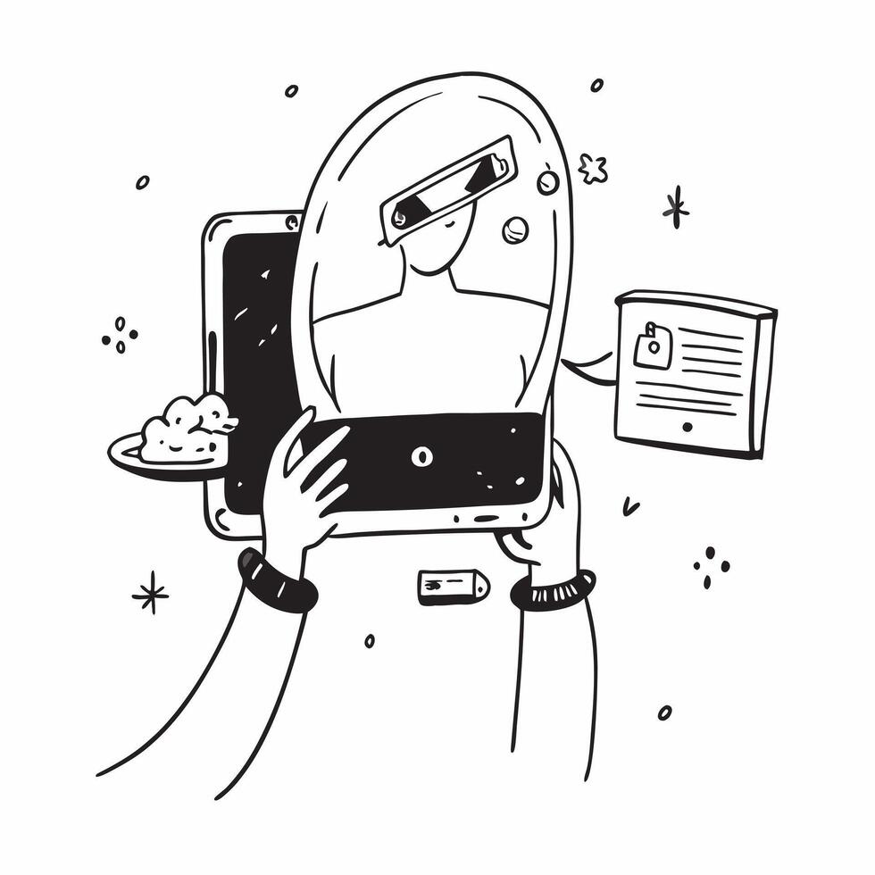 Individual with a smart mirror digital assistant and wardrobe overlay symbolizing tech savvy personal care in double exposure with copy space concept as An individual blended with Clean vector
