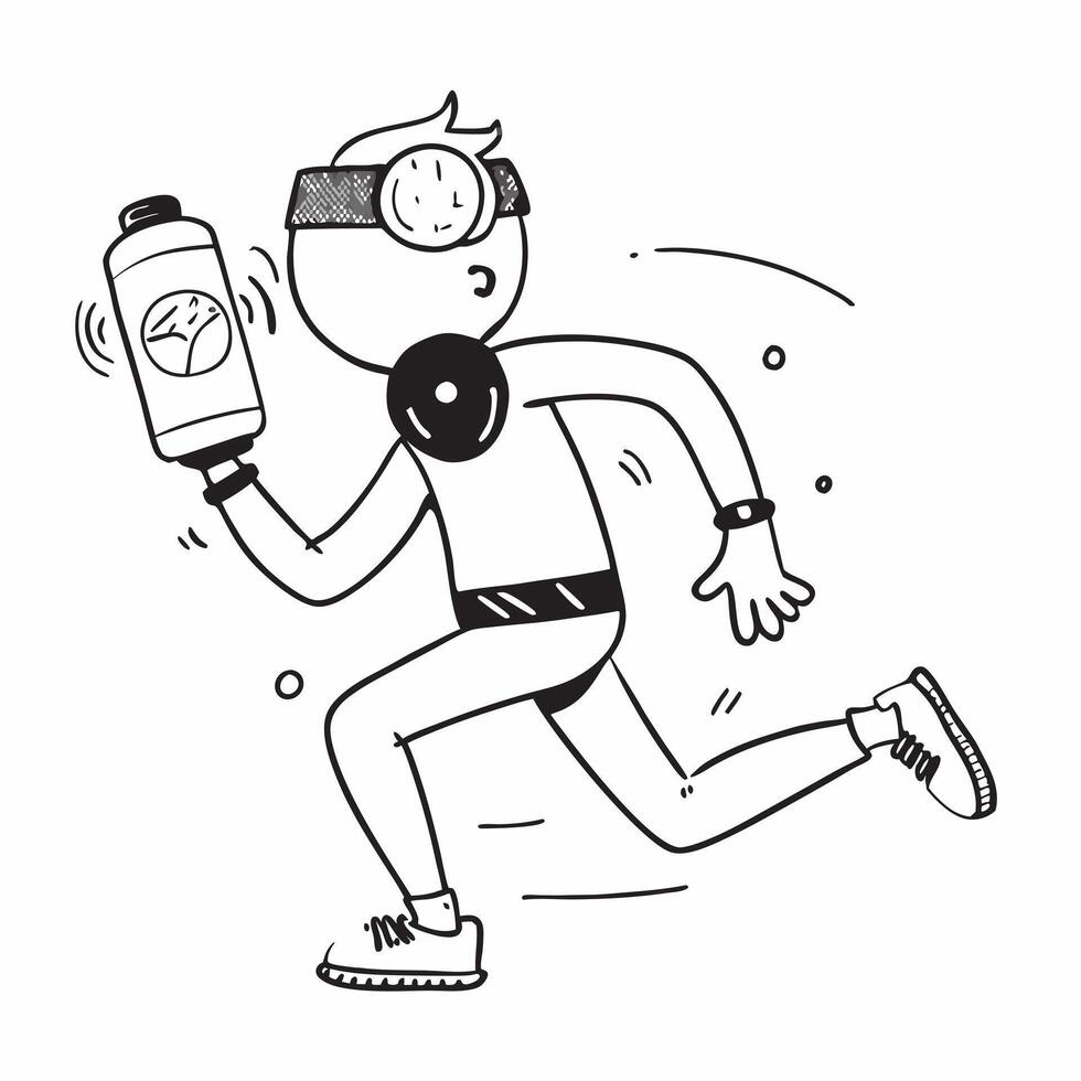 Individual with a smart watch jogging path and water bottle overlay symbolizing tech integrated fitness in double exposure with copy space concept as An individual blended with a Clean vector