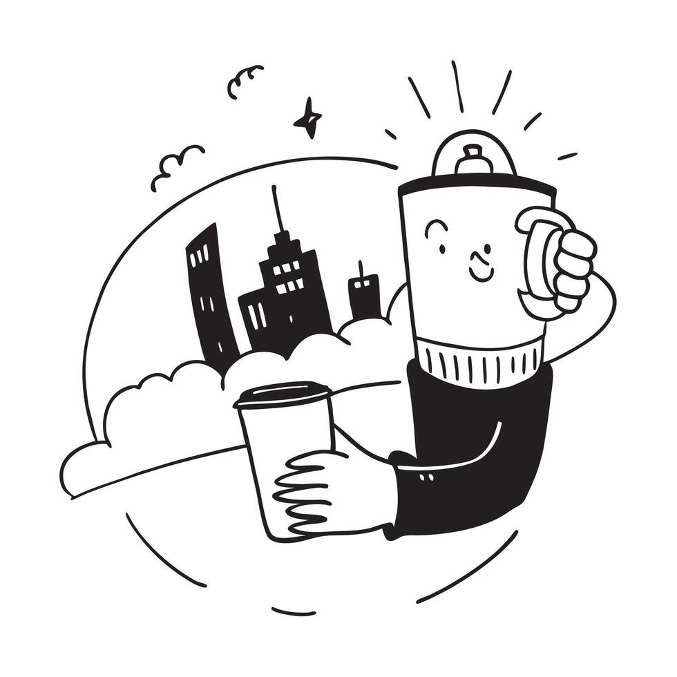Individual with a Seattle skyline coffee mug and notebook overlay symbolizing laid back city life in double exposure with copy space concept as An individual blended with the Seat Clean vector
