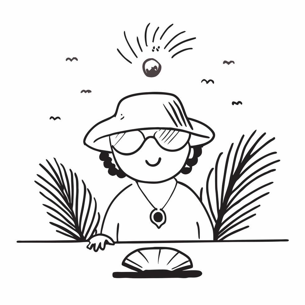 Individual with a shell necklace palm leaf and sun hat overlay symbolizing tropical beachwear with copy space concept as An individual blended with a shell necklace palm leaf and Clean vector