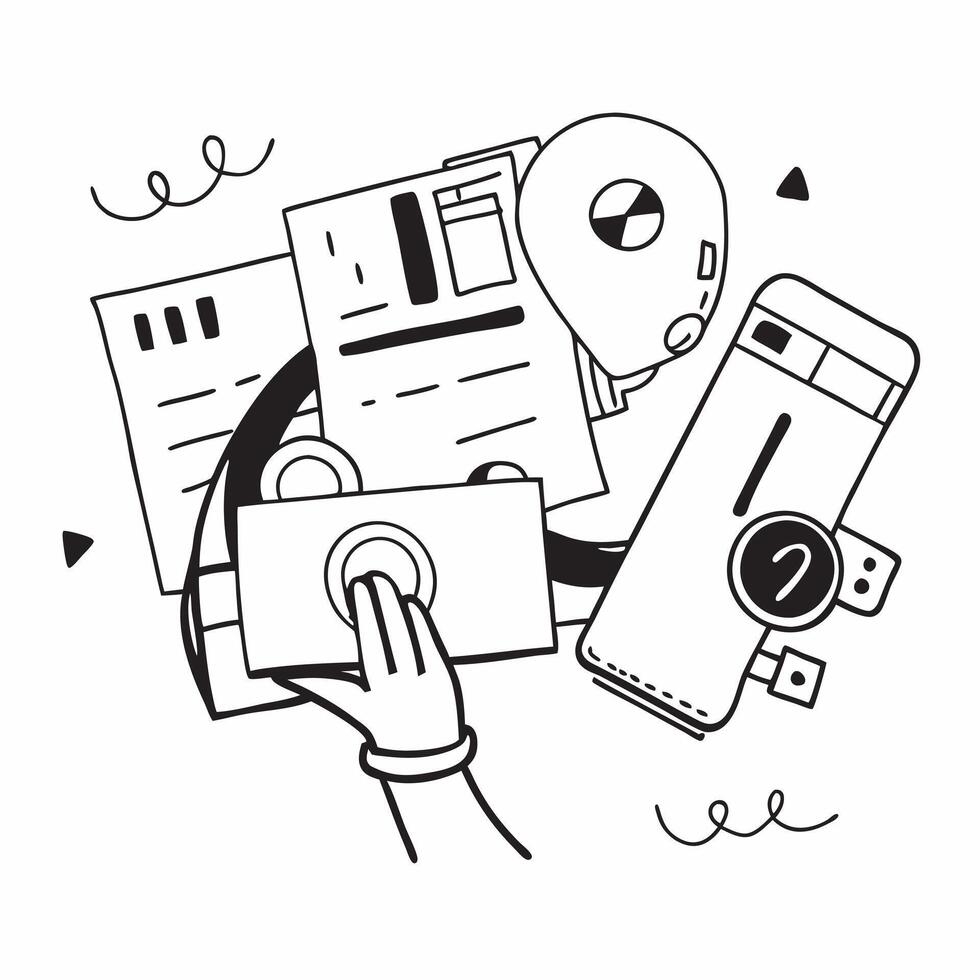 Individual with a point and shoot camera travel tickets and city map overlay symbolizing urban travel photography with copy space concept as An individual blended with a point and Clean vector
