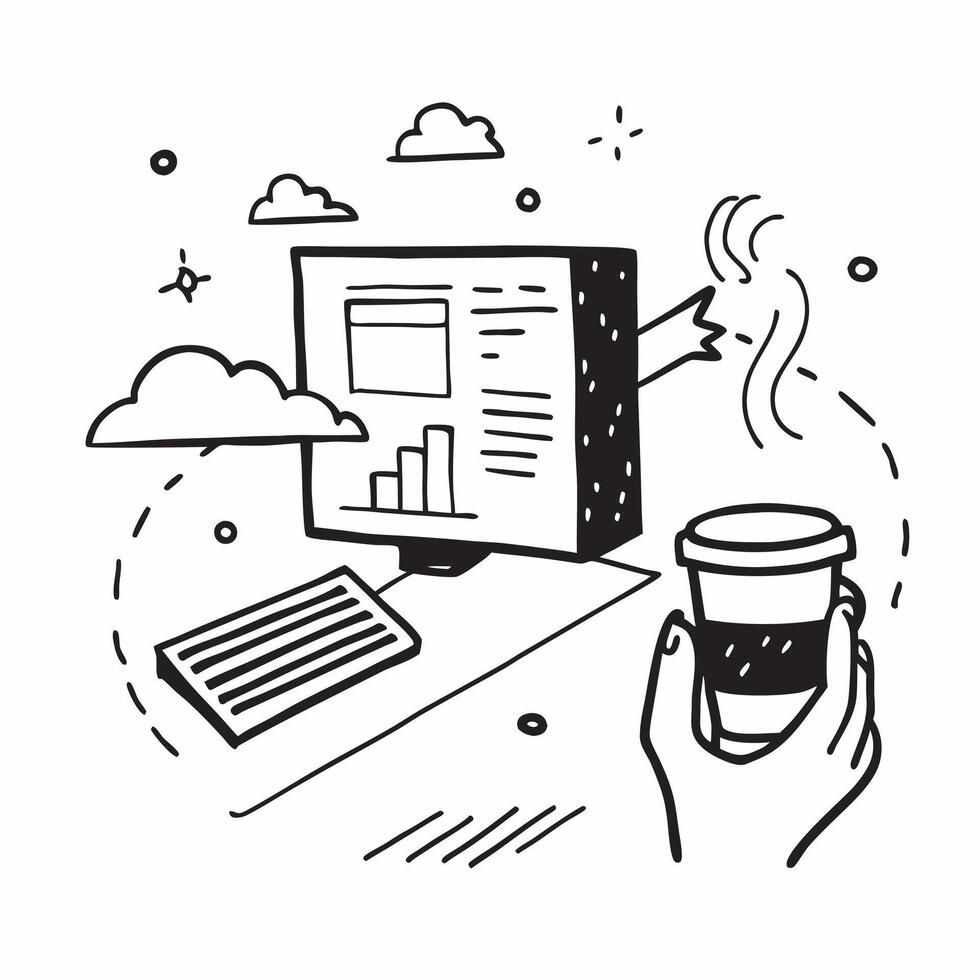 Individual with a modern balcony view coffee cup and e reader overlay symbolizing digital leisure in double exposure with copy space concept as An individual blended with a modern Clean vector