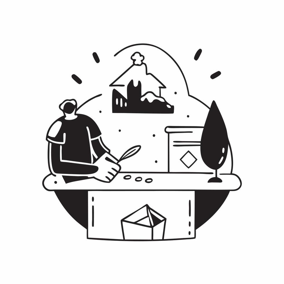 Individual with a modern kitchen dining table and meal prep overlay symbolizing American suburban home cooking in double exposure with copy space concept as An individual blended Clean vector