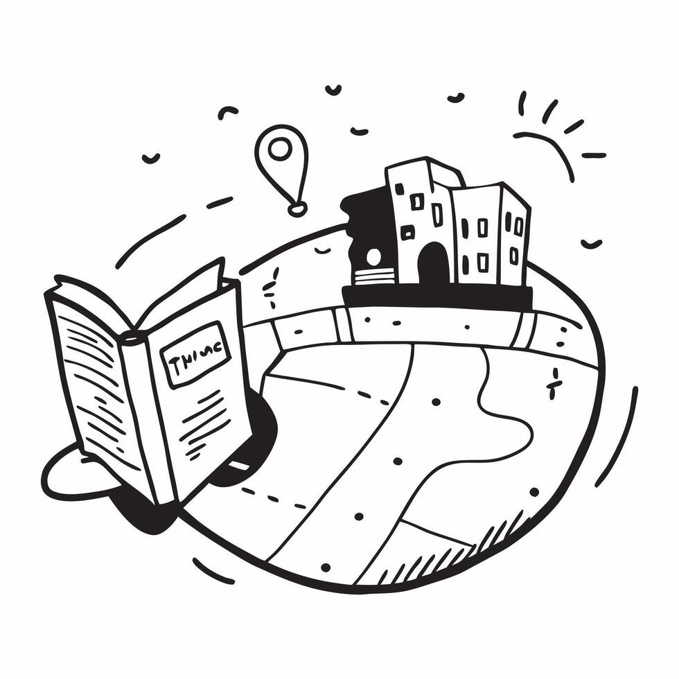 Individual with a historic district cobblestone street and guidebook overlay symbolizing historic travel in double exposure with copy space concept as An individual blended with a Clean vector