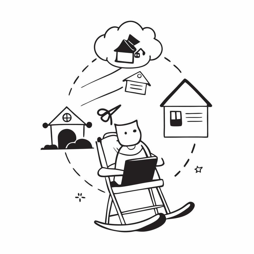 Individual with a front porch rocking chair and mail delivery overlay symbolizing American suburban daily life in double exposure with copy space concept as An individual blended Clean vector