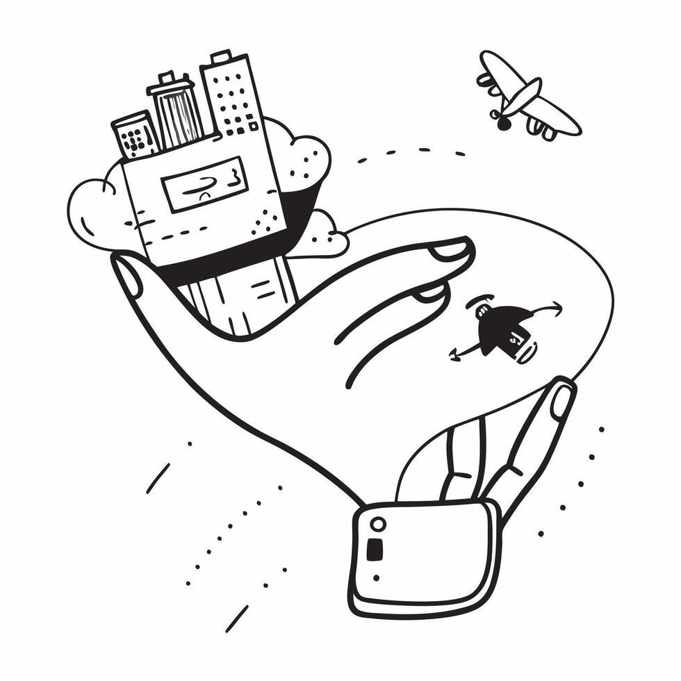 Individual with a drone city skyline and memory card overlay symbolizing aerial travel photography with copy space concept as An individual blended with a drone city skyline and m Clean vector