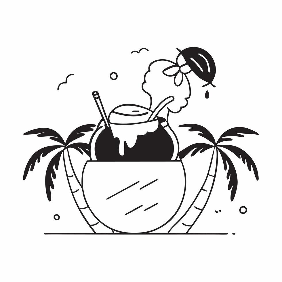 Individual with a coconut tropical drink and palm trees overlay symbolizing beach refreshments with copy space concept as An individual blended with a coconut tropical drink and p Clean vector