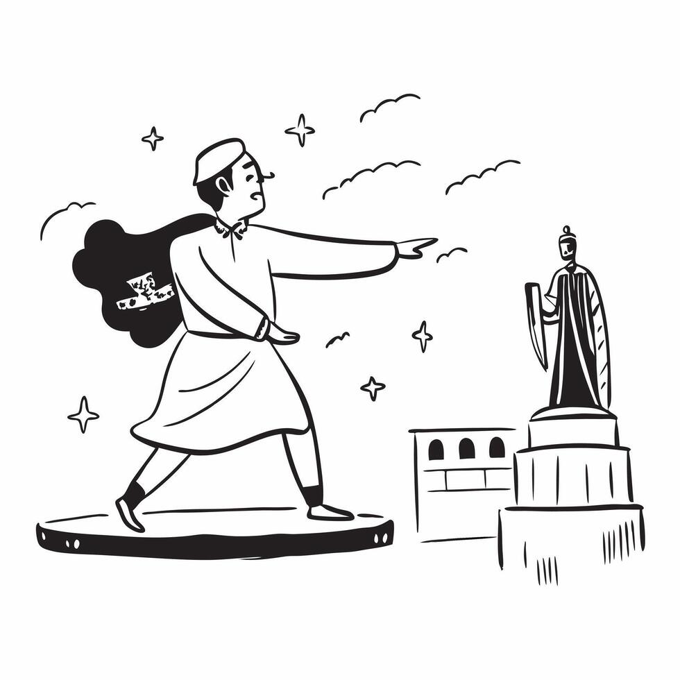 Individual with a city square traditional dance and statue overlay symbolizing urban cultural travel with copy space concept as An individual blended with a city square traditiona Clean vector