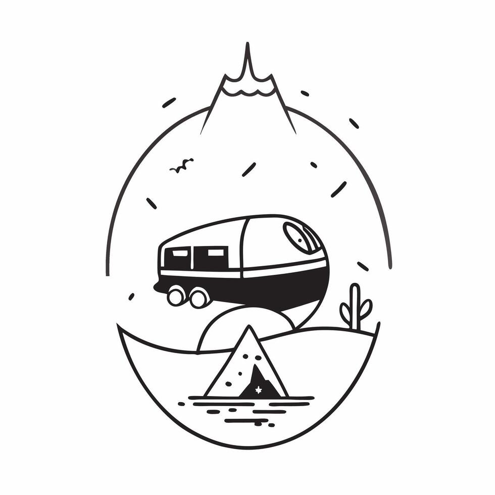 Individual with a camper van mountain view and map overlay symbolizing road trip adventure in double exposure with copy space concept as An individual blended with a camper van mo Clean vector
