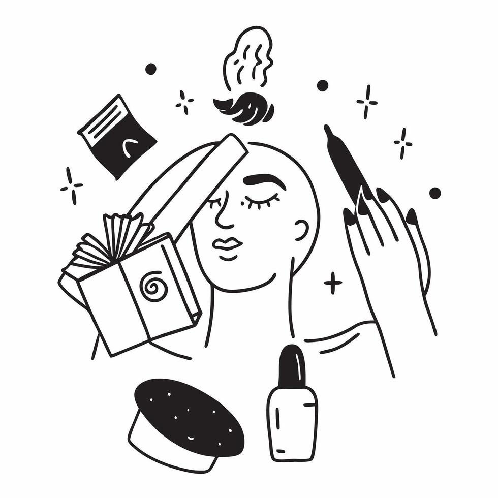 Individual with a beauty store cosmetics and makeup bag overlay symbolizing American beauty shopping in double exposure with copy space concept as An individual blended with a bea Clean Set 2 vector