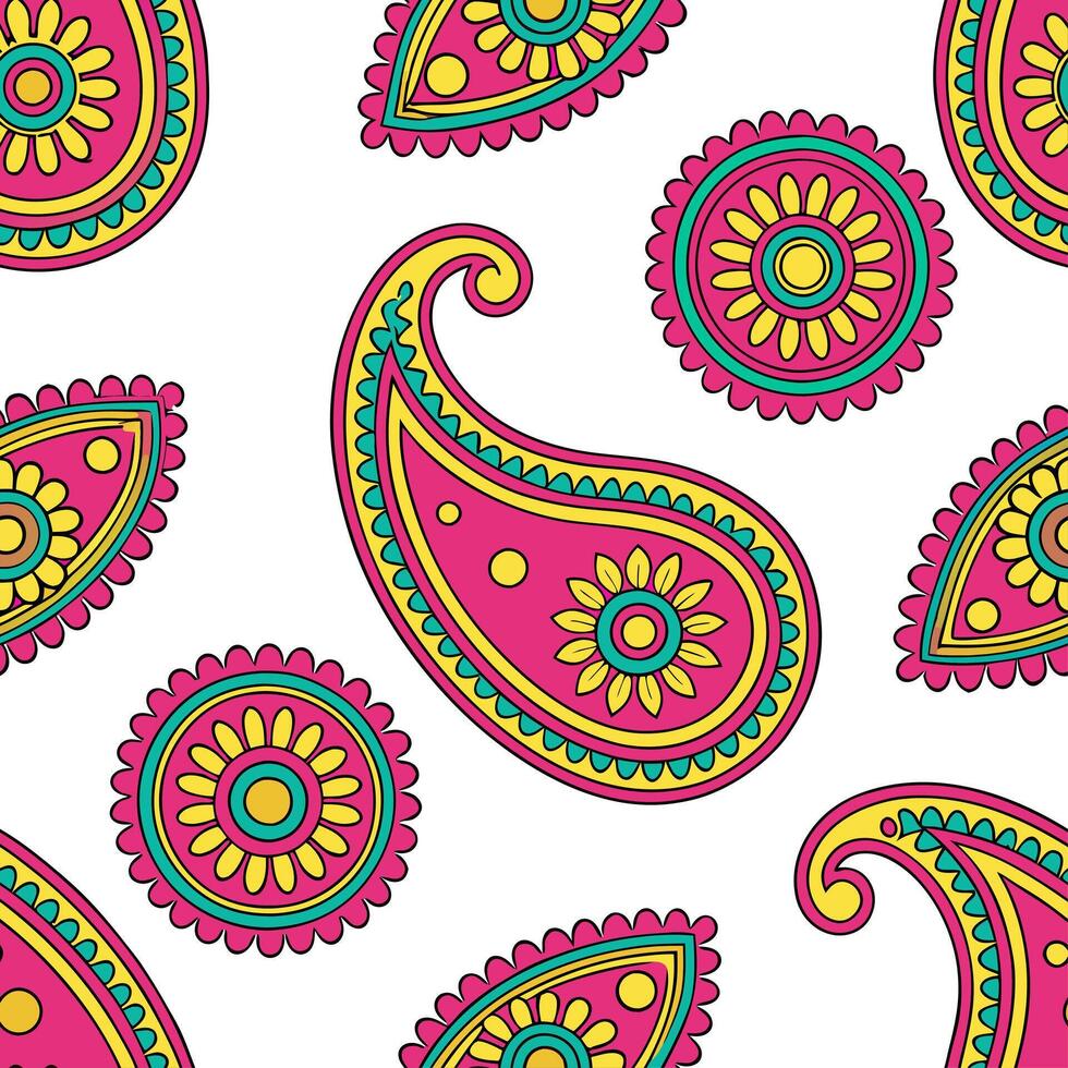 Indian vibrant sari patterns and paisleys seamless tile pattern with rich colors and traditional designs for cultural decor concept as Rich colored sari patterns and traditional pa Clean Set 2 vector