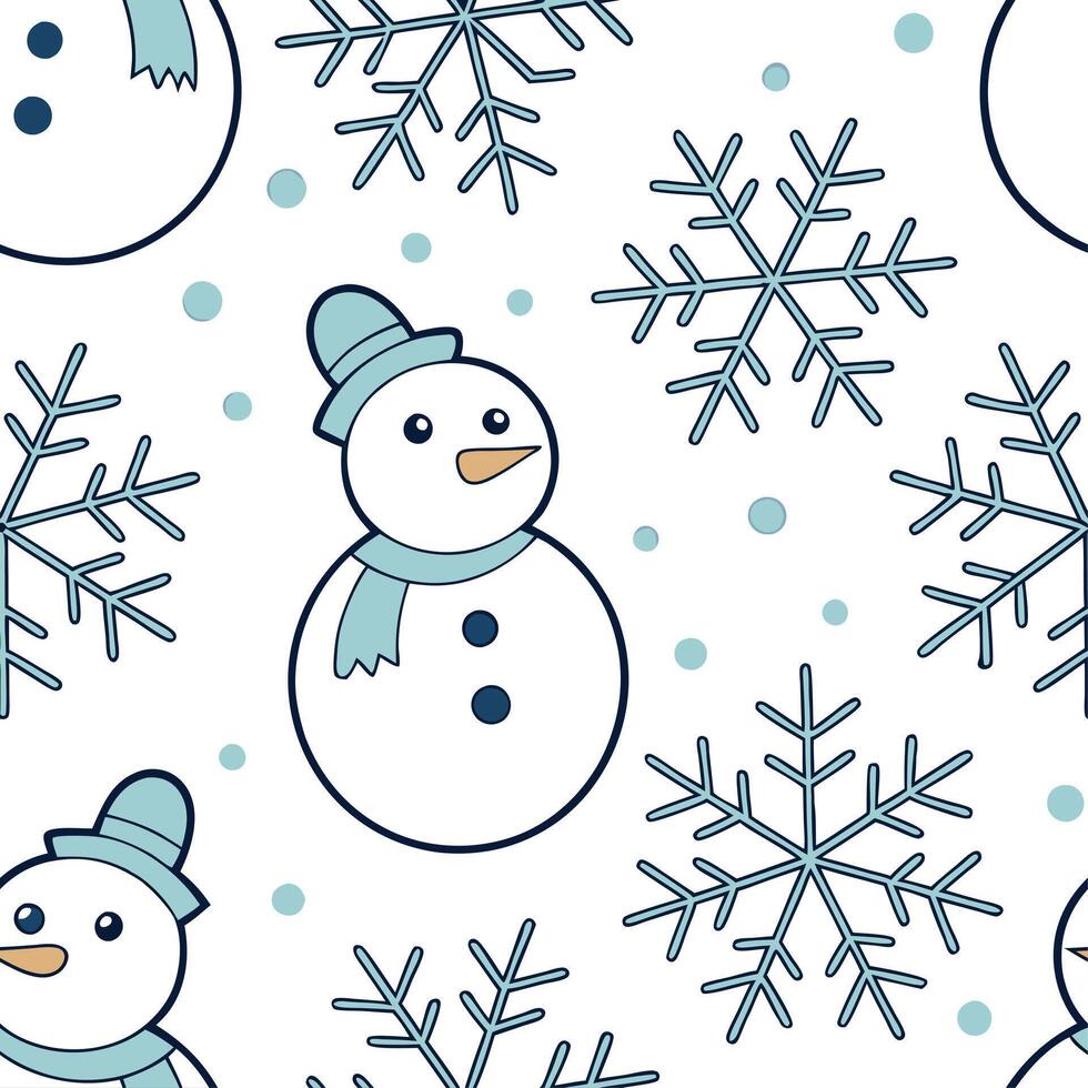 Icy snowflake and snowman seamless tile pattern with playful winter elements and cool tones concept as Playful snowmen paired with icy snowflakes create a seamless tile pattern wit Clean vector