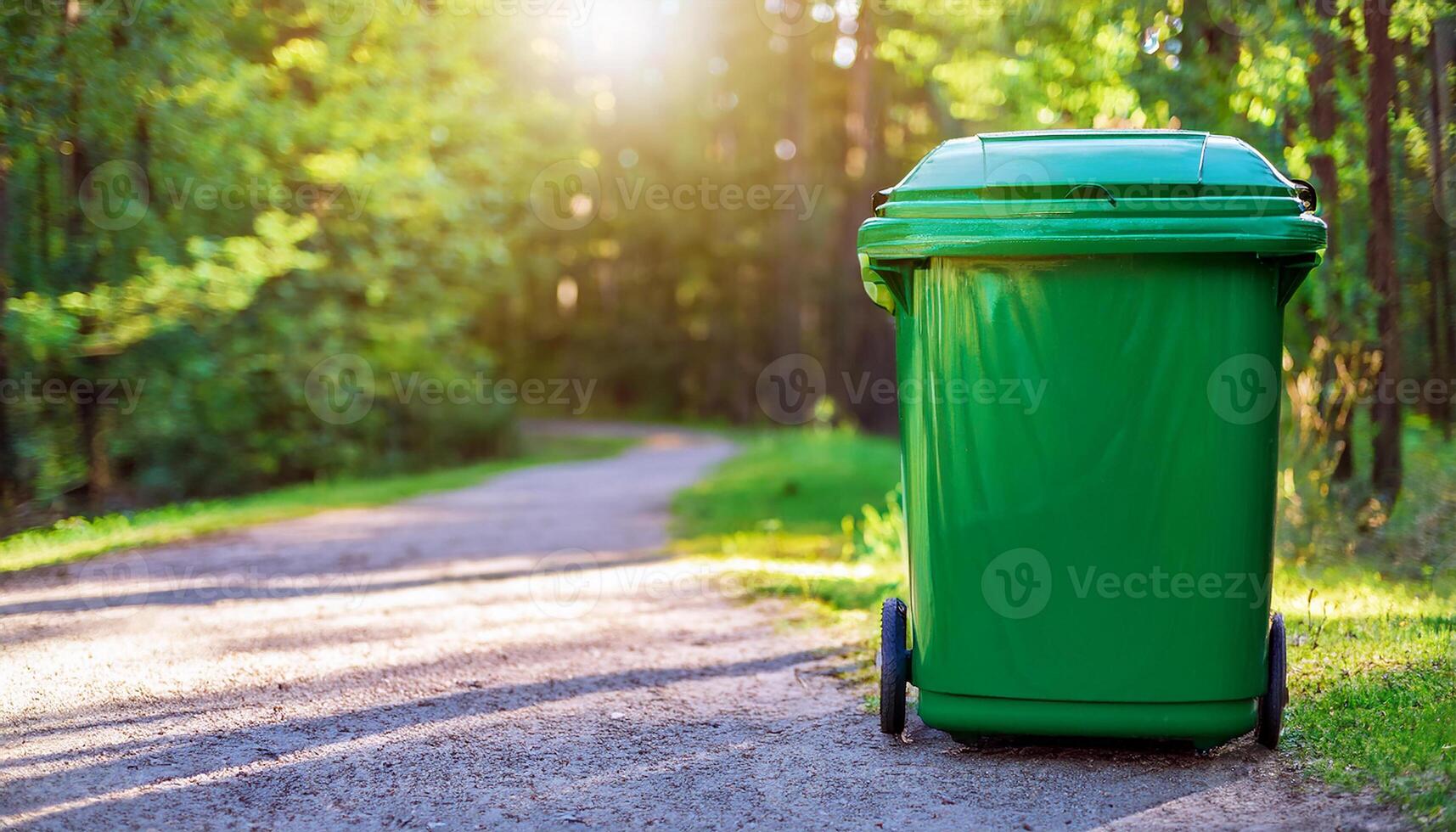 Green trash can in park. Garbage container with recycle logo. Environment and pollution concept photo