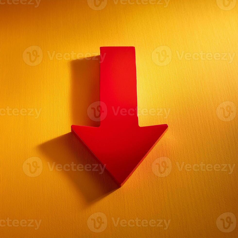 Red wooden arrow pointing downwards on yellow background. Business and market growth. photo