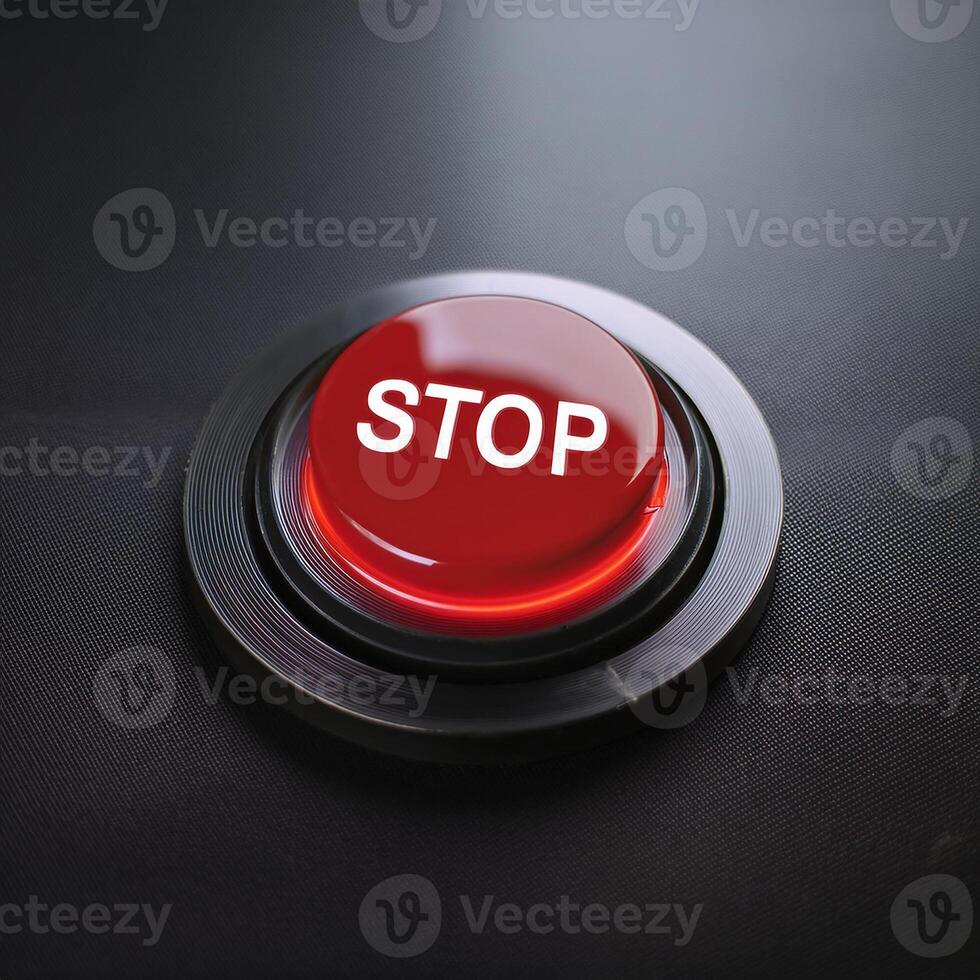 Round glowing red button with word STOP. Element of control panel. Modern equipment photo