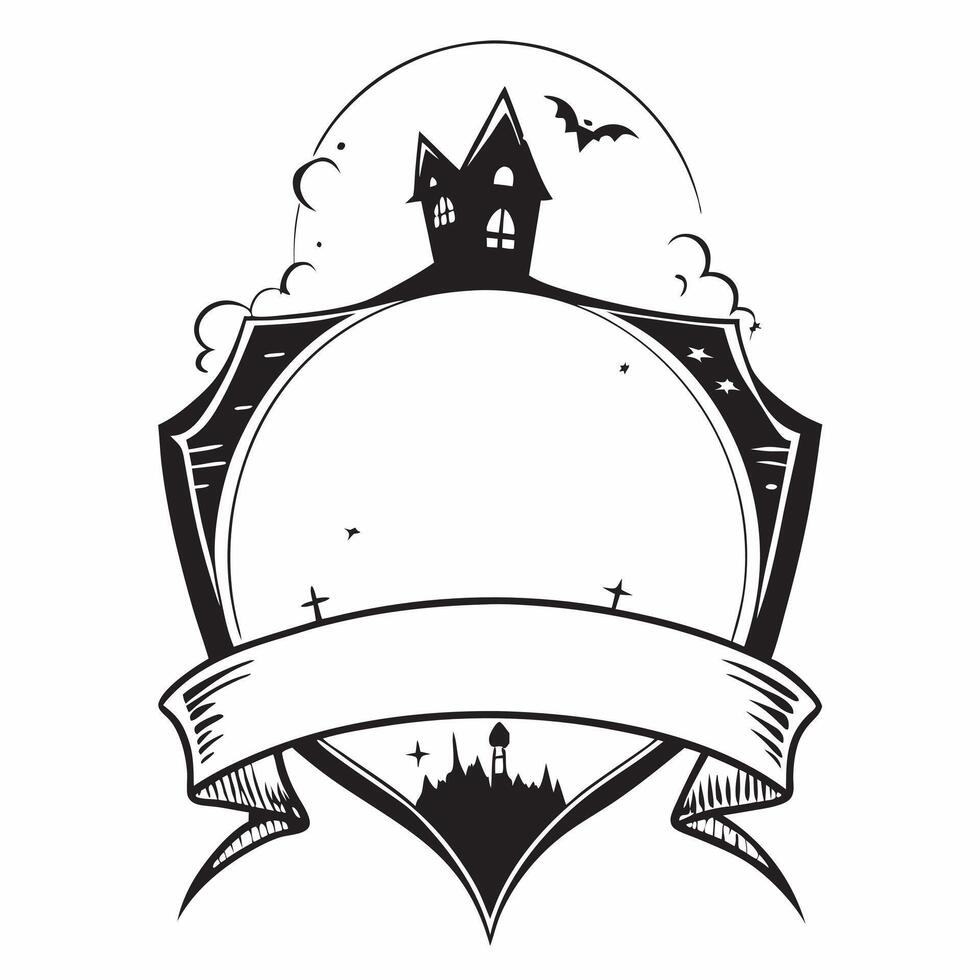 Haunted House and Graveyard Border with Fright Night Wording concept as A chilling border frame featuring a haunted house and graveyard perfect for Halloween celebrations The word Clean vector