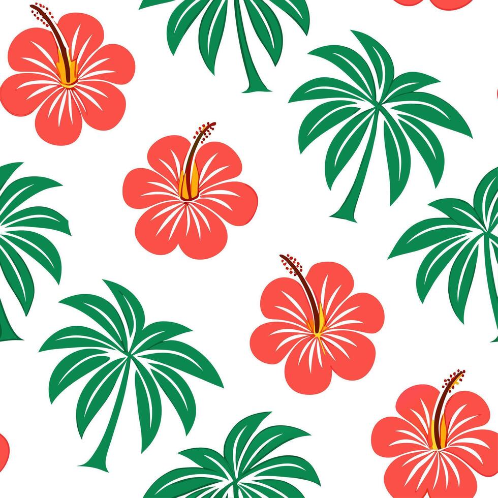 Hawaiian hibiscus and palm trees seamless tile pattern with tropical colors and traditional designs for island decor concept as Tropical hibiscus flowers and palm trees arranged se Clean Set 2 vector
