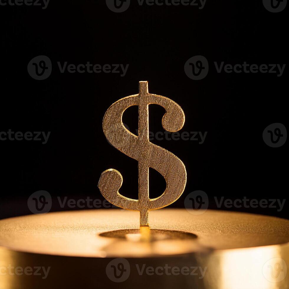 Golden dollar symbol on round podium on black backdrop. Wealth, money, finance and economic photo