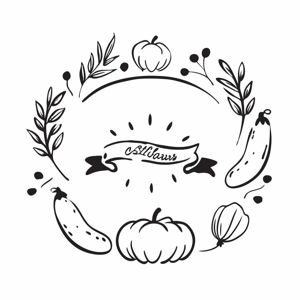 Harvest Table Border with Squash and Autumn Blessings Wording concept as A charming border frame featuring a harvest table setting with squash leaves and berries The words Autumn Clean vector