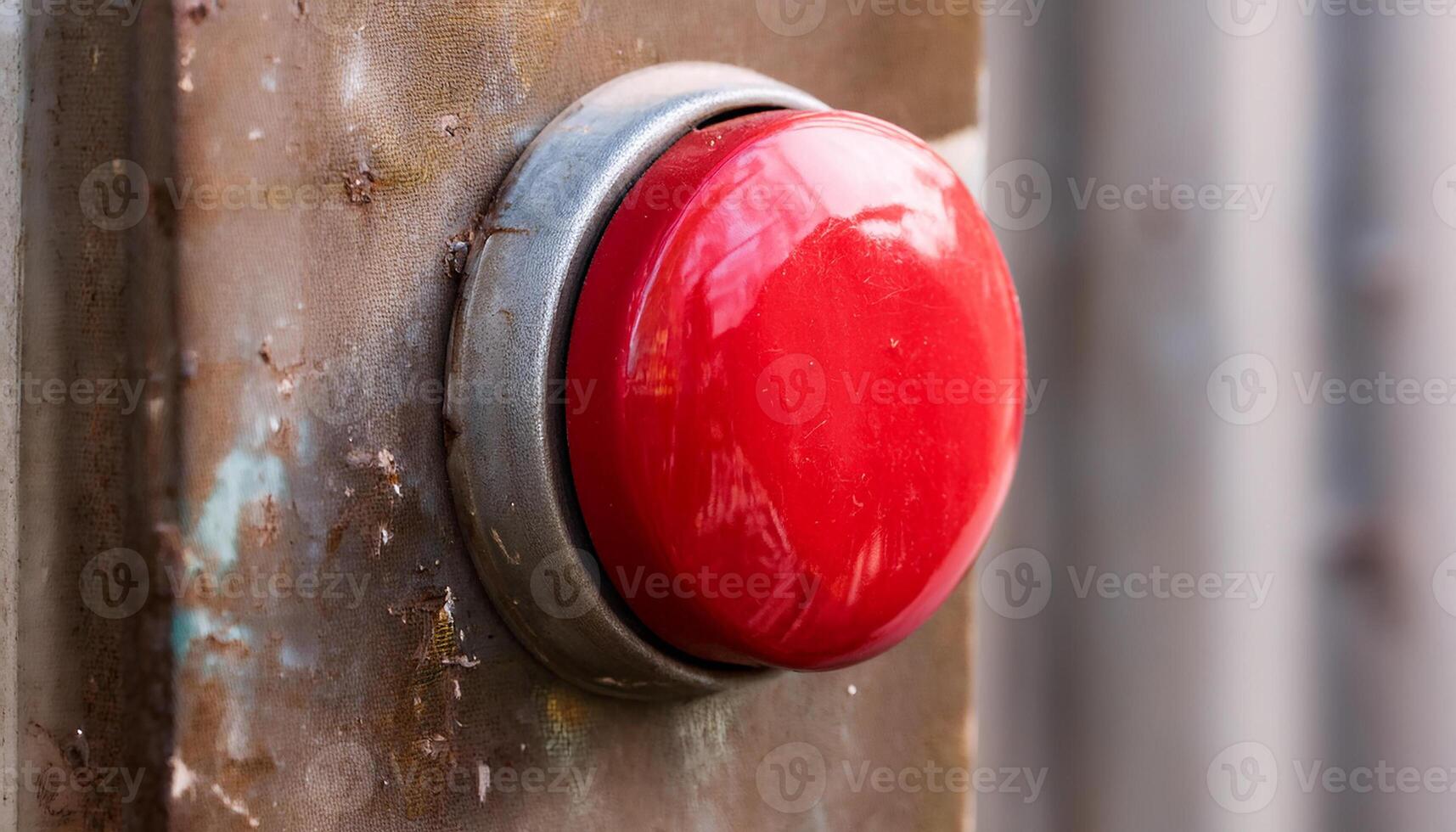 Red button on dark metal wall. photo