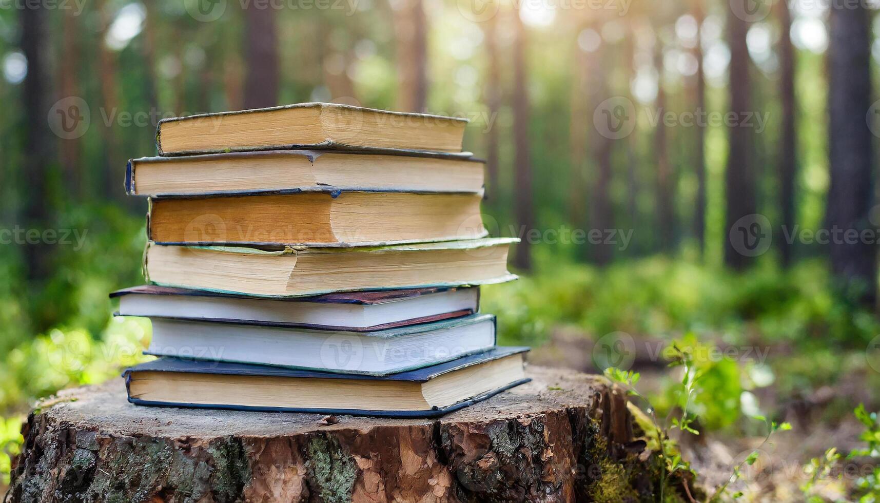 Close-up of pile of books on stump in the forest. Natural background. photo