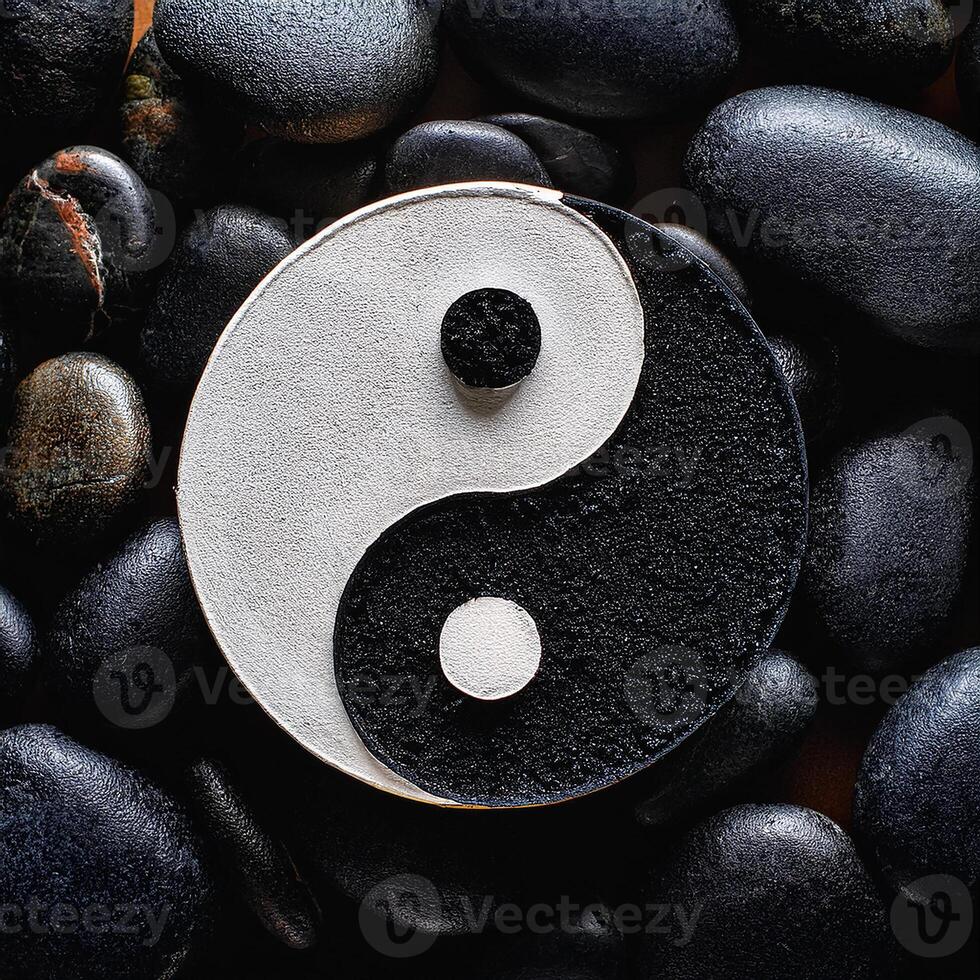 Yin yang symbol among black stone. Balance and harmony. photo