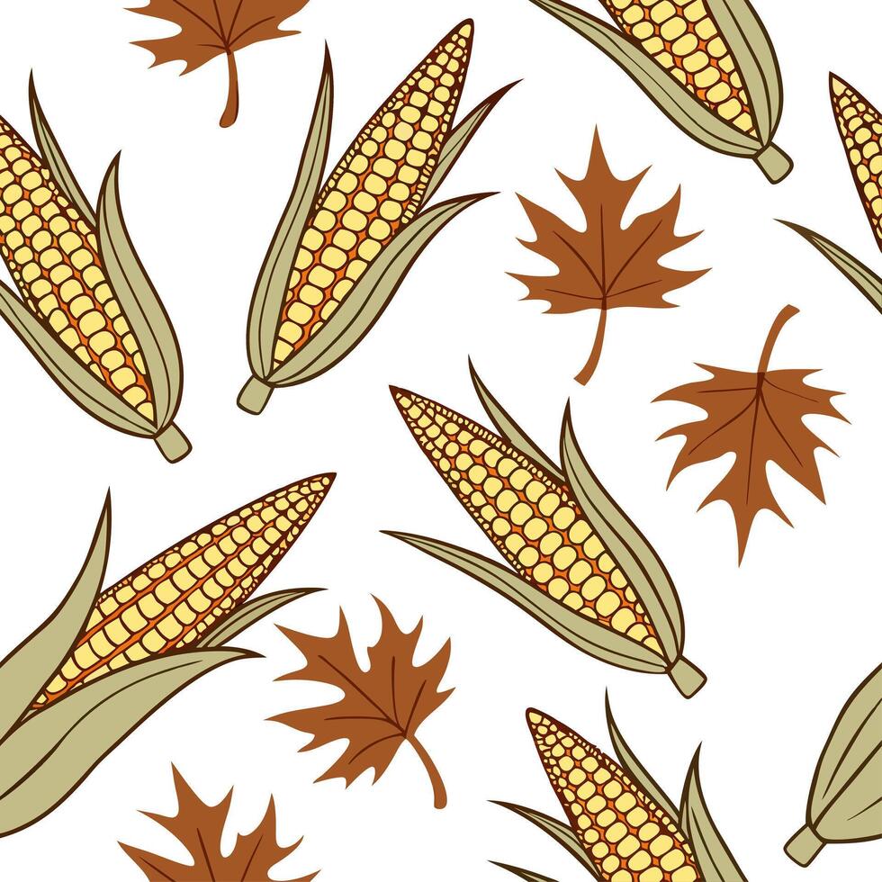 Harvest inspired corn stalks and leaves seamless tile pattern with warm earthy tones concept as Corn stalks and autumn leaves in warm earthy tones create a harvest inspired seamles Clean vector