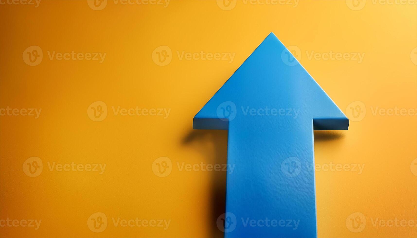 Blue wooden arrow pointing upwards on yellow background. Business and market growth. photo