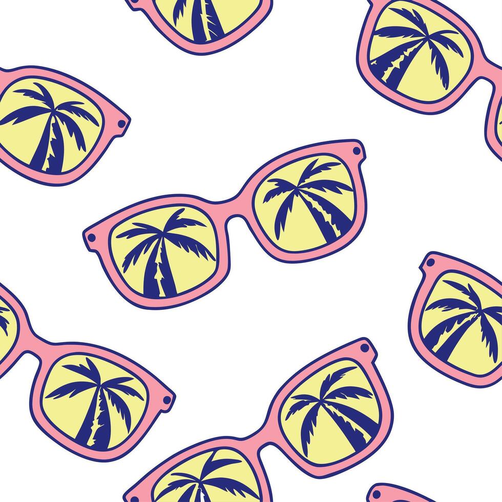 Fun summer sunglasses seamless tile pattern with neon frames and tropical reflections concept as Neon sunglasses with tropical reflections create a seamless tile pattern full of br Clean vector