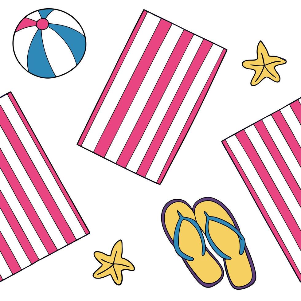 Fun beach towel seamless tile pattern with colorful stripes and playful summer designs concept as Bold striped beach towels in bright colors create a seamless tile pattern perfect Clean vector