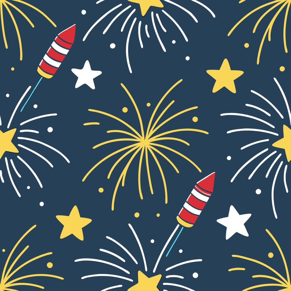 Fun fireworks and sparklers seamless tile pattern with bright flashes lighting up the summer sky concept as Bright fireworks and sparklers light up the summer night sky in this fun Clean vector