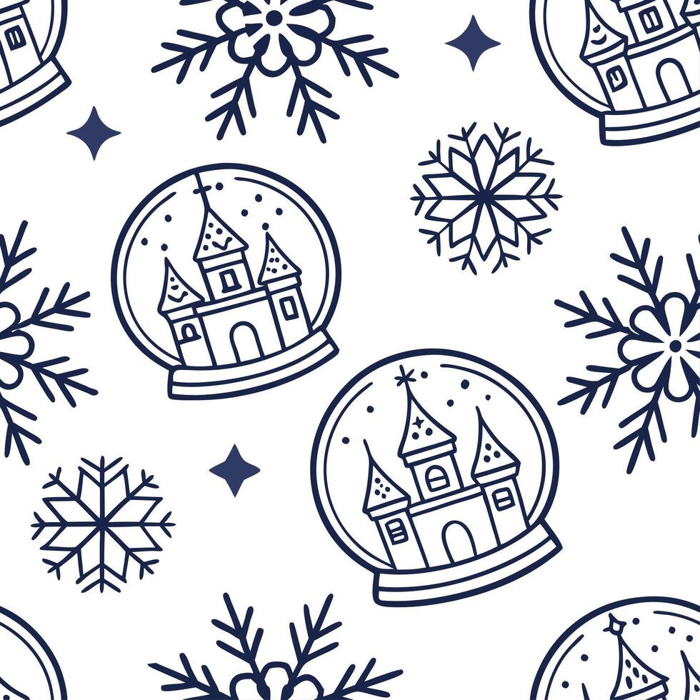 Frosty snowflake and snow globe seamless tile pattern with magical winter elements concept as Magical snow globes paired with frosty snowflakes create a seamless tile pattern with Clean Set 2 vector